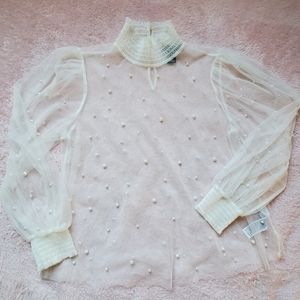 Forever 21 Ladies Pearl Beaded Tulle Long Sleeve Blouse Size S